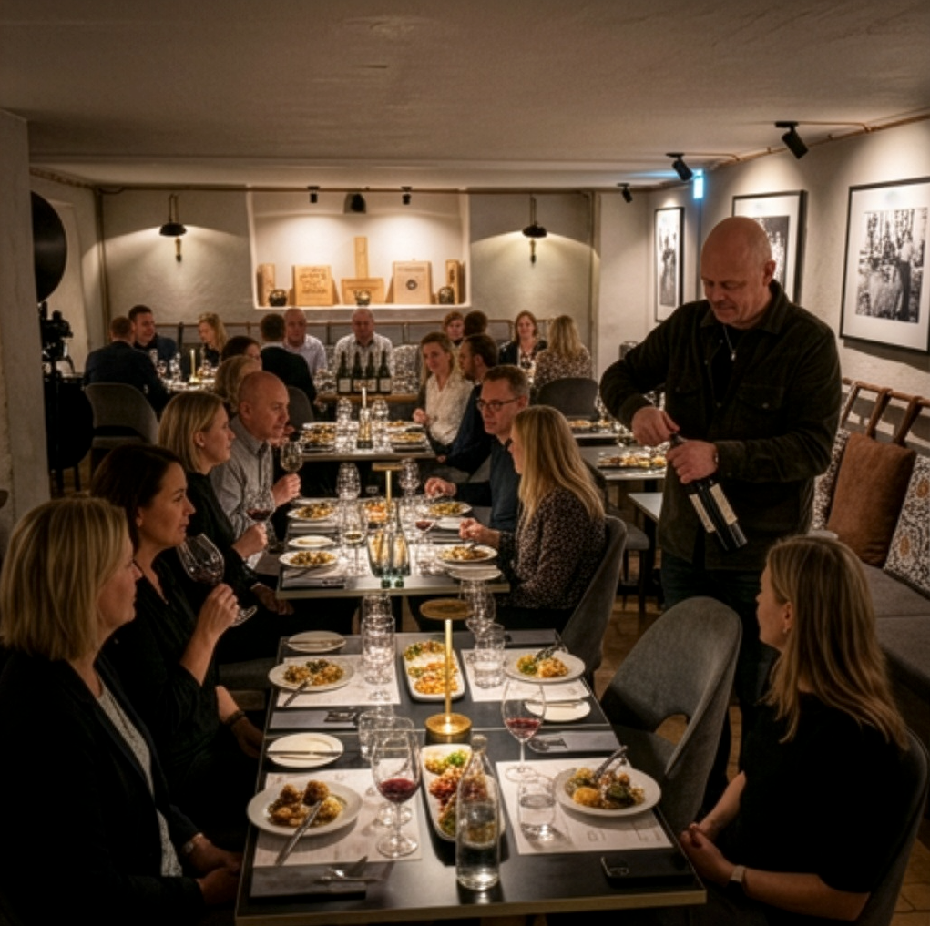 Gäster vid långbord under vinprovning på Sjötullen, sommelier öppnar en flaska vin